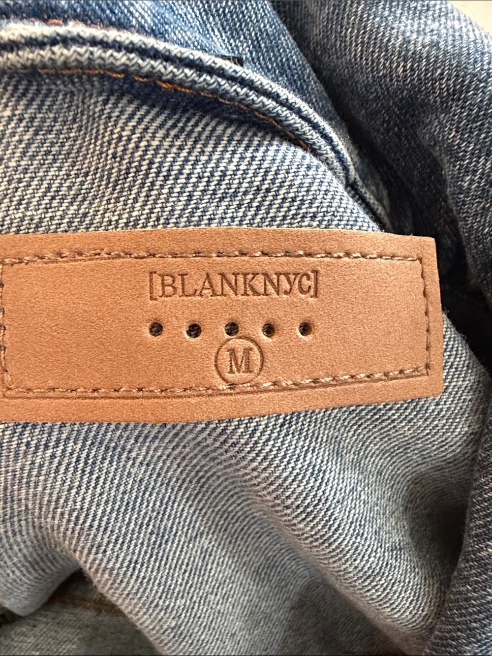 Blank NYC Men’s Light Blue Denim Jeans with Brown Leather Patch
